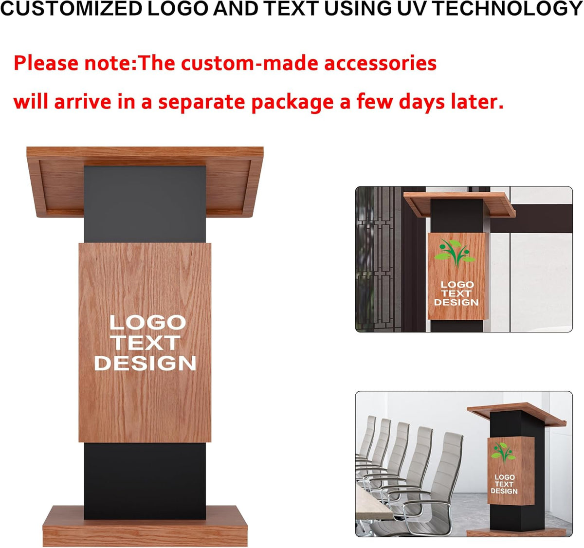 Customizable Logo & Text Podium Stand,Wood Lectern with Lockable Wheels,15MM Particle Board,Church Pulpit with Storage, Mic Stand Space,Wooden Podium for Seminars and Schools(Customized A)