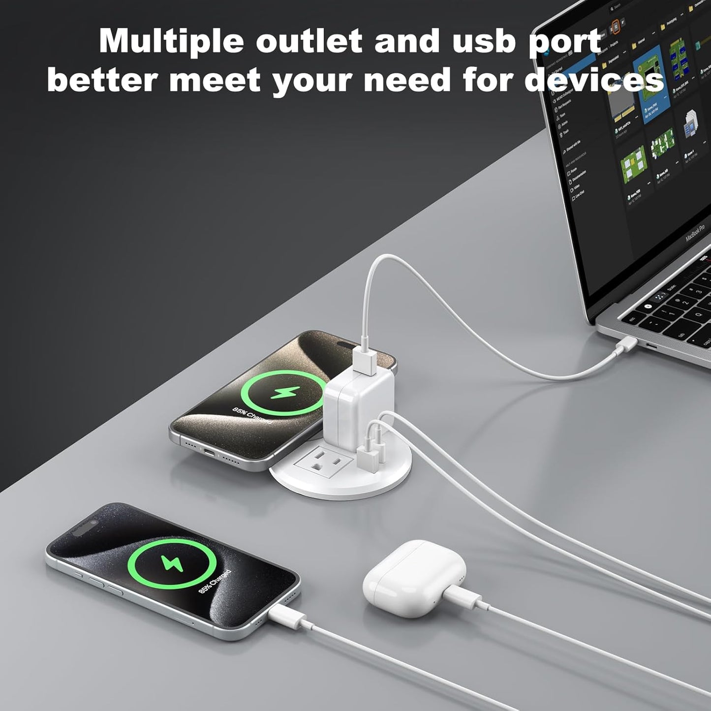 3 Inch Desk Recessed Power Grommet with 15W Wireless Charger, 20W USB-C Fast Charging Countertop Grommet Mount Power Outlet, with AC Outlets and 6ft Extension Cord
