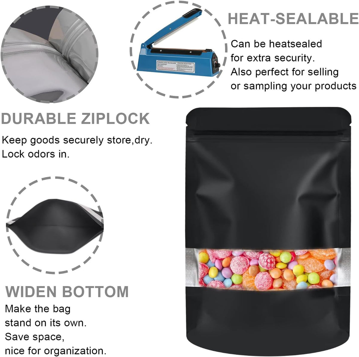 100 Pack Smell Proof Bags, Resealable Food Storage Bags with Clear Window, Stand Up Smell Proof Mylar Bags Self Seal Foil Pouches for Food Storage Packaging (Black, 4.7x 7.87 Inch)