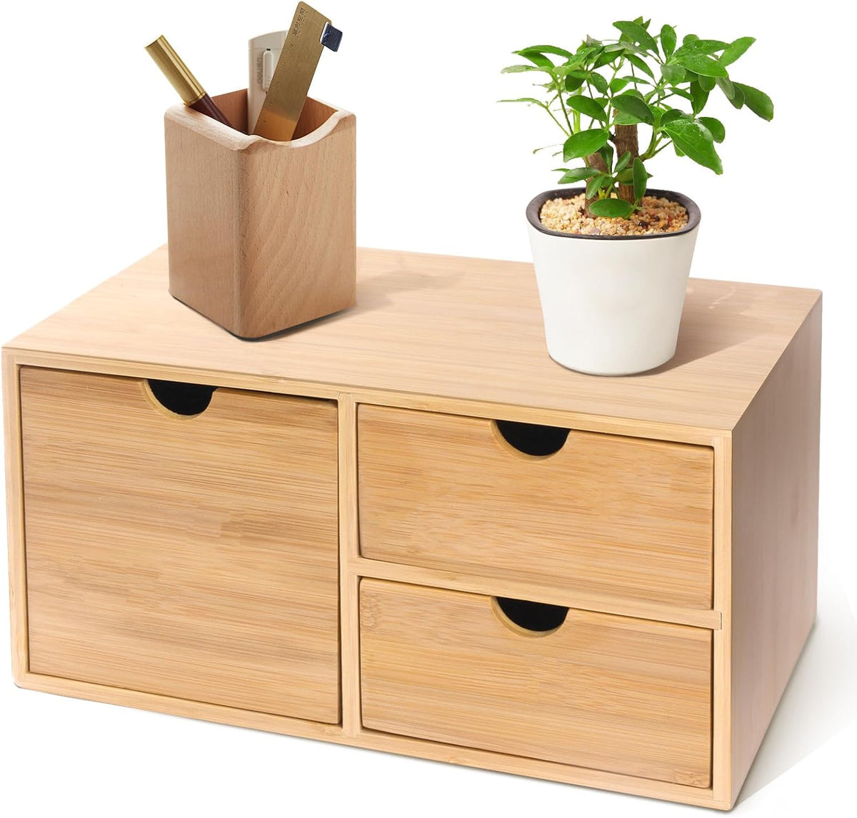 Bamboo Desk Organizer 3 Drawer with Shelf, Countertop Organizer with Drawers Makeup Storage Drawer 3 Drawers Tabletop Storage Organization Box Home Office Workspace