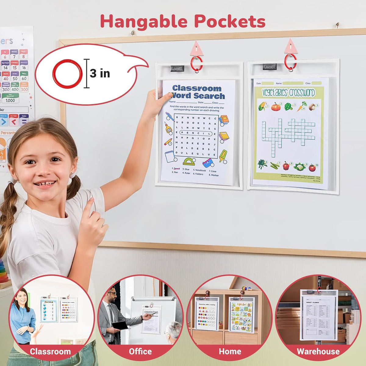 Gamenote 30 Pack White Dry Erase Pockets with 5 Rings, 10x14 Oversized Reusable Plastic Sleeves, Clear Sheet Protectors, Teacher Supplies for Classroom Organization