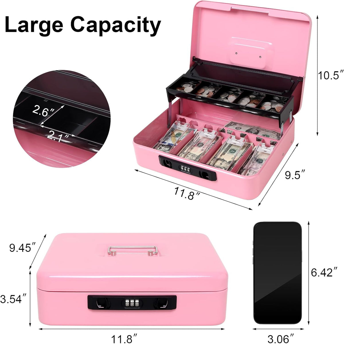 Jssmst Locking Cash Box with Coin Lid, 11.8L x 9.5W x 3.5H Inches, Latch Safe Money Box with Combination Lock, Pink