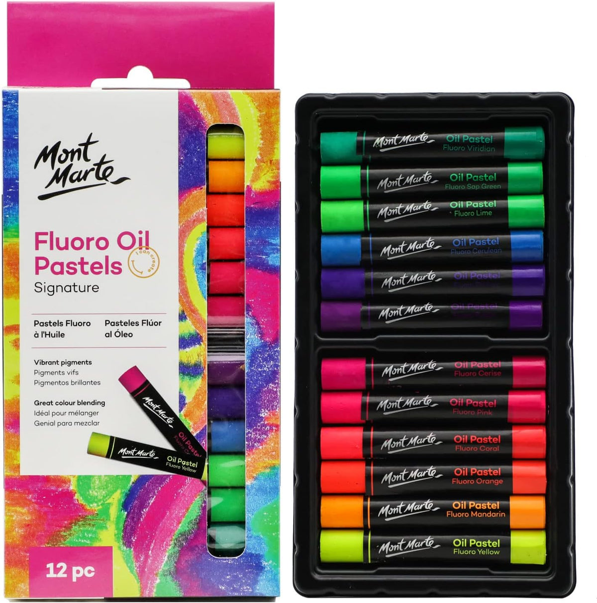 Mont Marte Fluoro Oil Pastels Signature 12pc, 12 Assorted Colors, Vibrant Oil Pastel Set, Great Blending and Layering, Ideal for Art, Craft, Coloring and Sketching