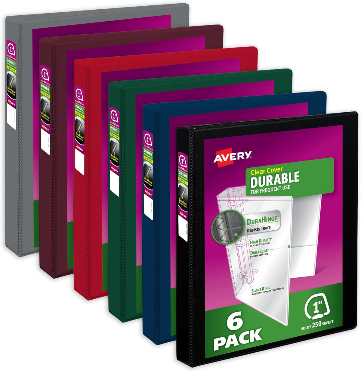 Avery Durable View 3 Ring Binders, 1 Inch Slant Rings, 250-Sheet Capacity, Assorted Dark Colors, 6-Pack (05633) – for School, Office, Teachers, Classrooms & Home Organization