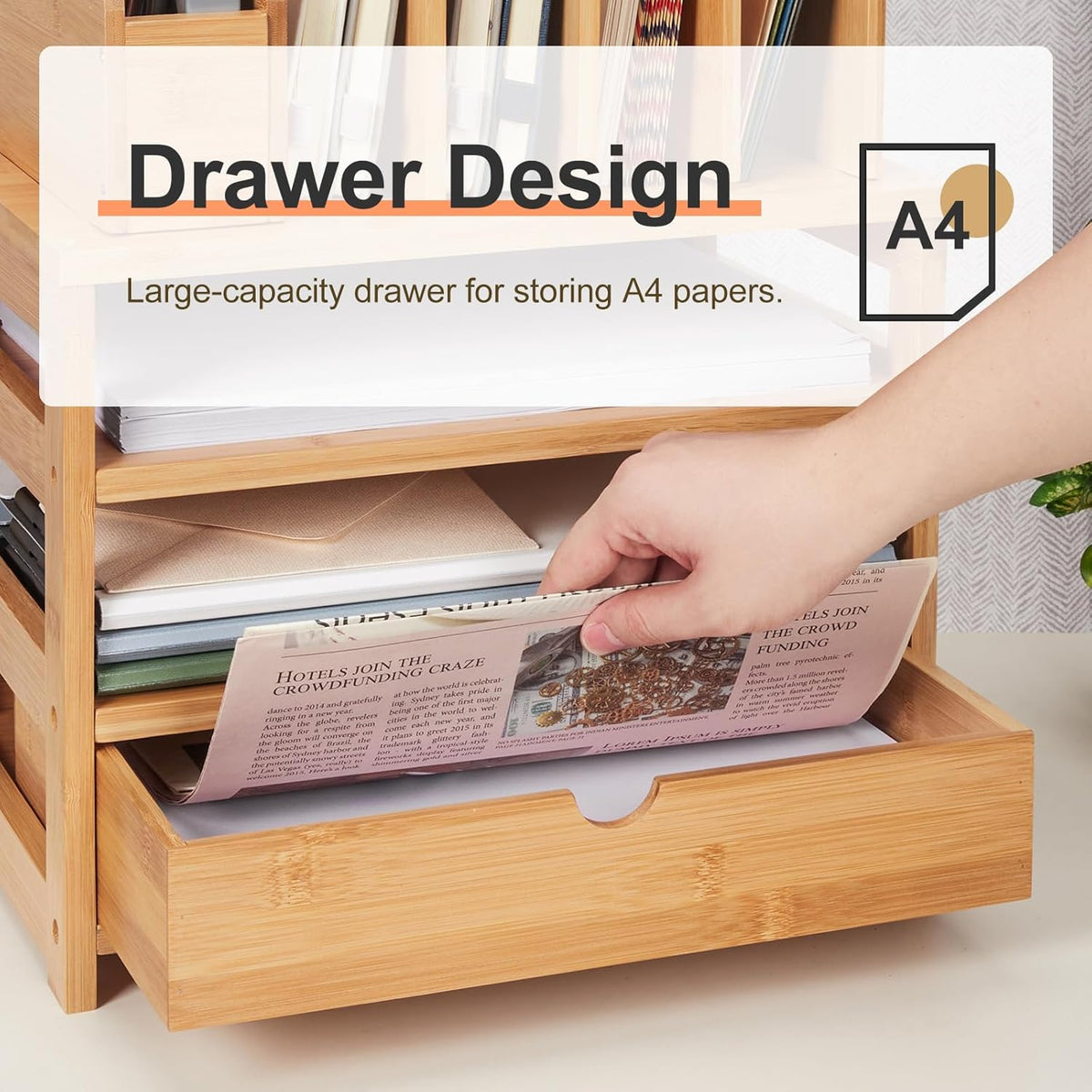 Homde Bamboo Desk Organizer with Drawer and File Holder, Office Organization for Desks with Adjustable Pen Holding, Desktop Letter Paper Tray Storage for Workplace Home School (Natural, L)