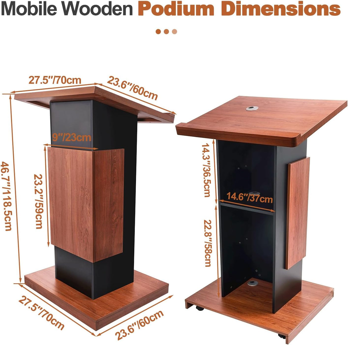 47"Portable Wooden Podium, Wood Speaking Lectern Stand, Reserved Wire Hole, Lockable Wheels, Design with Storage, Standing Pulpit for Church Office School Home Conference Restaurant Meeting