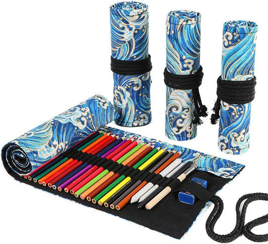 DIYOMR 24/36/72 Slots Pencil Wrap Pencil Rolls, Artist Colored Pencils Roll Up Bag Short Brushes Pouch Case Pencils Organizer for Drawing Coloring and Sketching (Blue Ocean, 36slots)