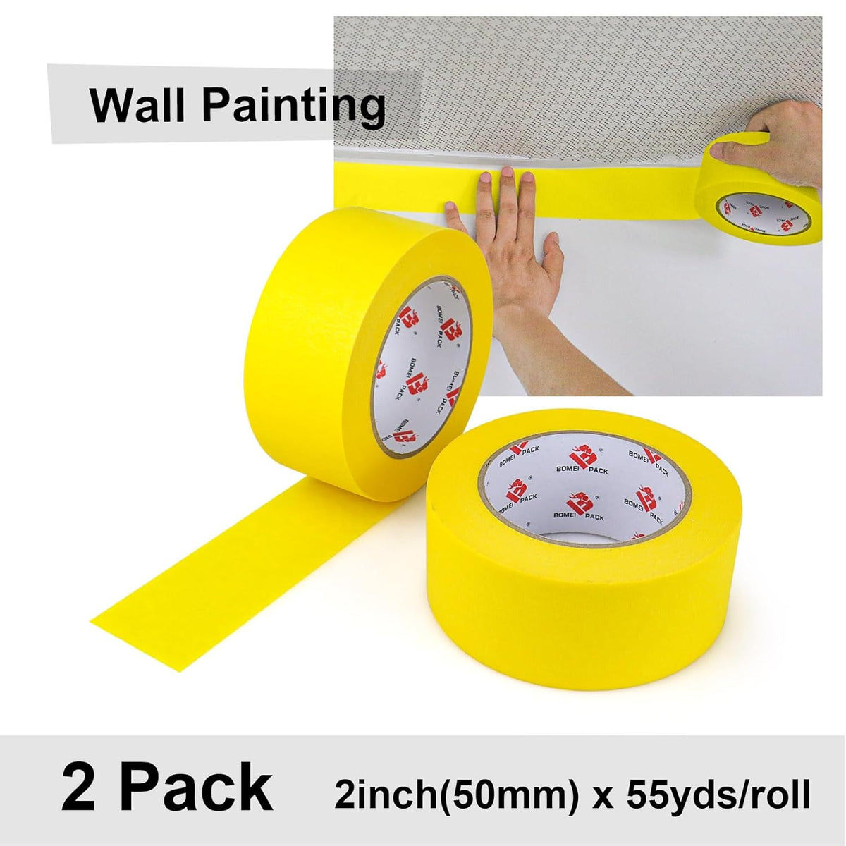 BOMEI PACK Yellow Painters Tape 2 inch Wide, 2 Pack Paint Yellow Masking Tape 2 inch x 55 Yards for Painting, Labeling, DIY Crafting, Decoration and School Projects