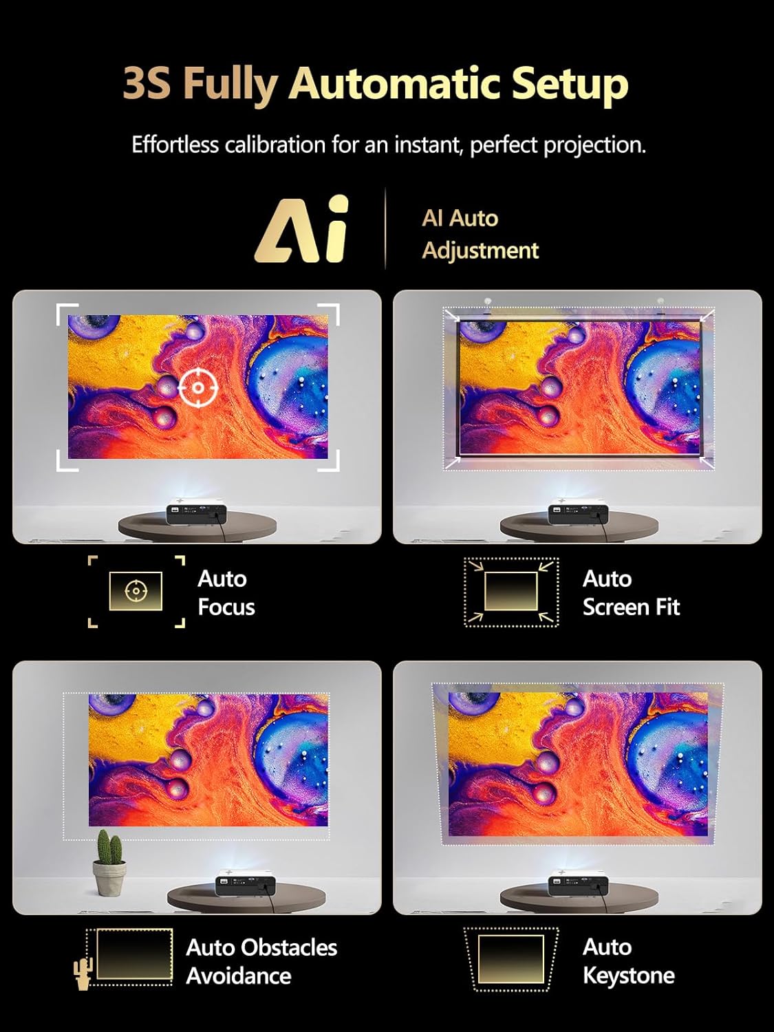 WiFi Bluetooth Movie Projector Indoor 4K, with 2 HDMI ARC, 2 USB, Auto Focus, Smart Android LED Daytime Home Theater Projectors Apps Zoom Keystone for Church, Bedroom, Living /Conference Room, Ceiling