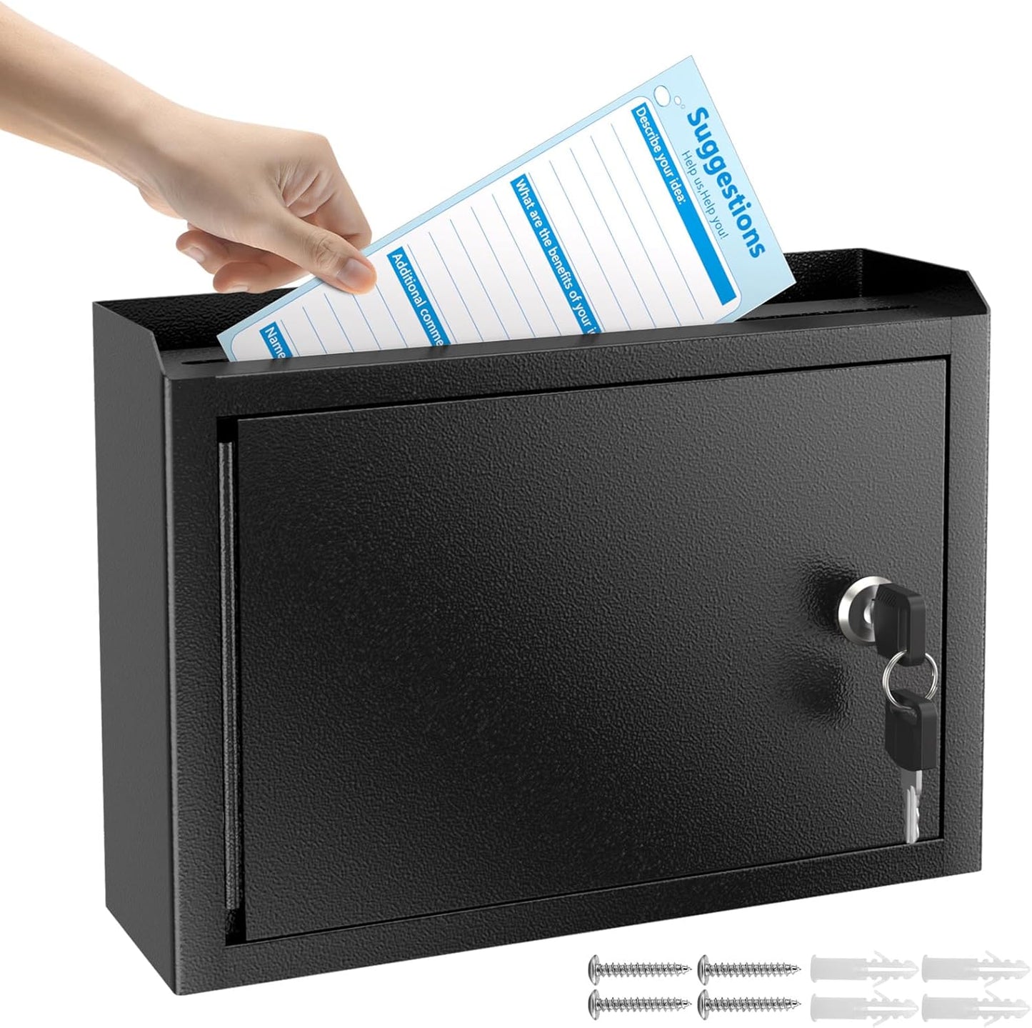 MaxGear Metal Suggestion Box with Lock 9.8" x 3" x 7", Black Seure Locked MailBox,Wall Mounted MailBox, Ballot Box with 50 Suggestion Cards ﻿