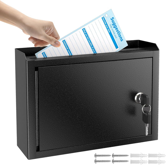 MaxGear Metal Suggestion Box with Lock 9.8" x 3" x 7", Black Seure Locked MailBox,Wall Mounted MailBox, Ballot Box with 50 Suggestion Cards ﻿