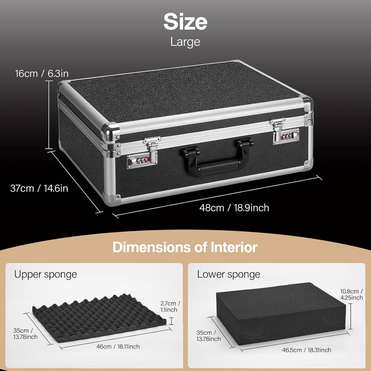 Combination Lock Box - Locking Storage Case with Customizable Foam, 18.9" Portable Lockable Case for Personal Items, Valuables, Documents, Briefcase for Jewelry, Cash, Medications, Black