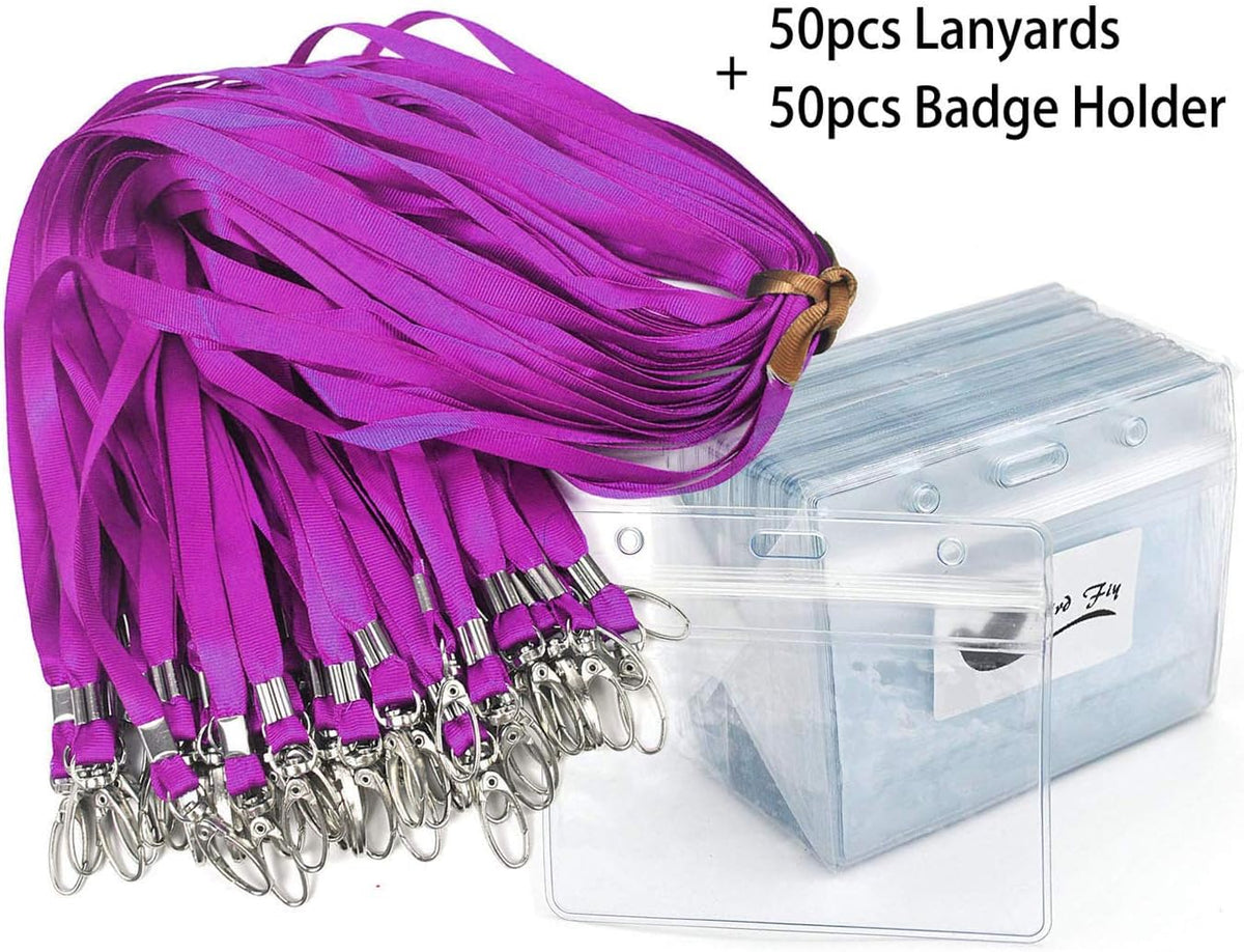 Lanyard with ID Holder 50 Pcs Waterproof Name Tag Badge ID Card Holders ID Pass Holder and 50 Pcs Flat Neck Lanyards Swivel Hook (Purple, Horizontal)