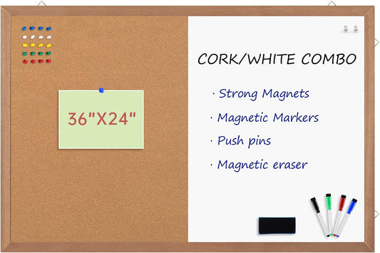Combination Magnetic Whiteboard Cork Bulletin Board, 36x24 Inches Combo Dry Erase White Board Cork Pin Board for Wall with Natural Wood Frame…