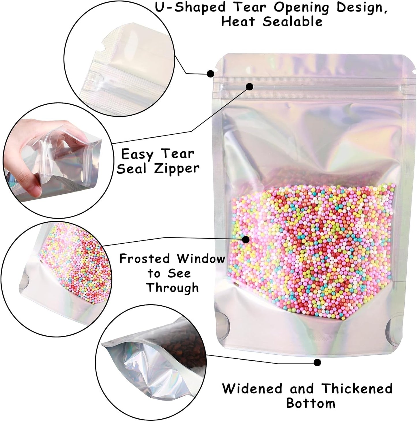 150 Pcs Mylar Bags for Food Storage, 8x12 Mylar Bag with Window Stand Up, Large Holographic Resealable Bags Smell Proof Bag Food Packaging for Small Business Freeze Dried Candy Jewelry Foil Packaging
