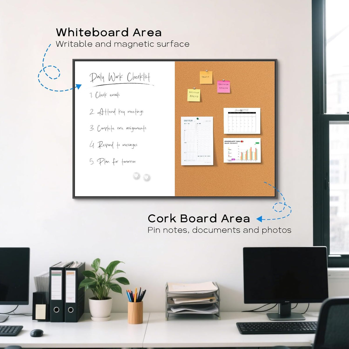 White Board Cork Board Combo, 24'' x 18'' Magnetic Dry Erase Board and Bulletin Board, Black Aluminum Frame Vision Board Message Board for Home Office School Dorm