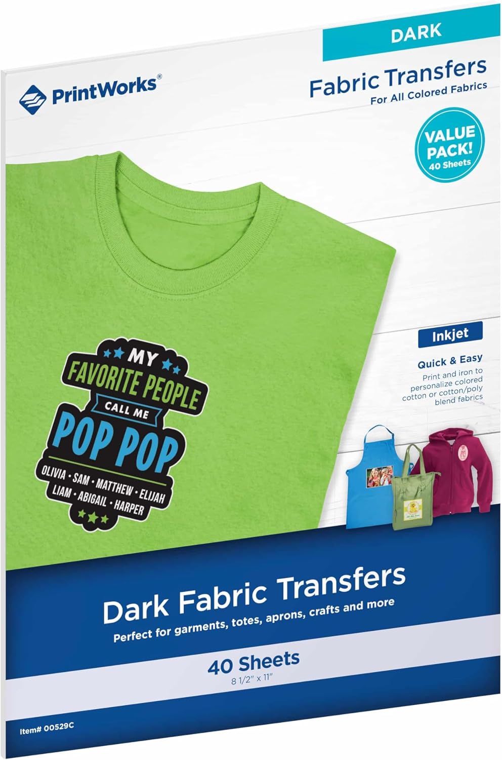 PrintWorks Iron on Heat Transfer Paper for Inkjet Printer - Printable Heat Transfer Vinyl for Dark Fabric (Printable HTV) - 8.5" x 11" - 40 Sheets - Made in The USA - Iron on Vinyl (00529C)