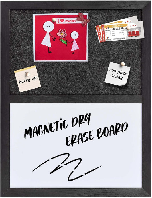 Bulletin Board Whiteboard Dark Gary Felt Board Combo for Office School Kitchen Bedroom, Black Wood Frame,13"*17",Whiteboard+BK-3343BK