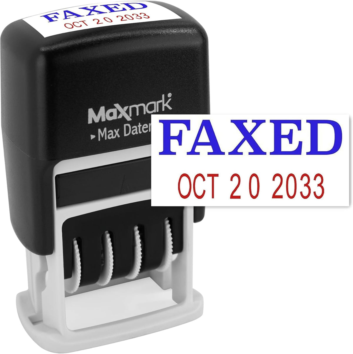 MaxMark Self-Inking Rubber Date Office Stamp with FAXED Phrase Blue Ink & Date RED Ink (Max Dater II), 12-Year Band