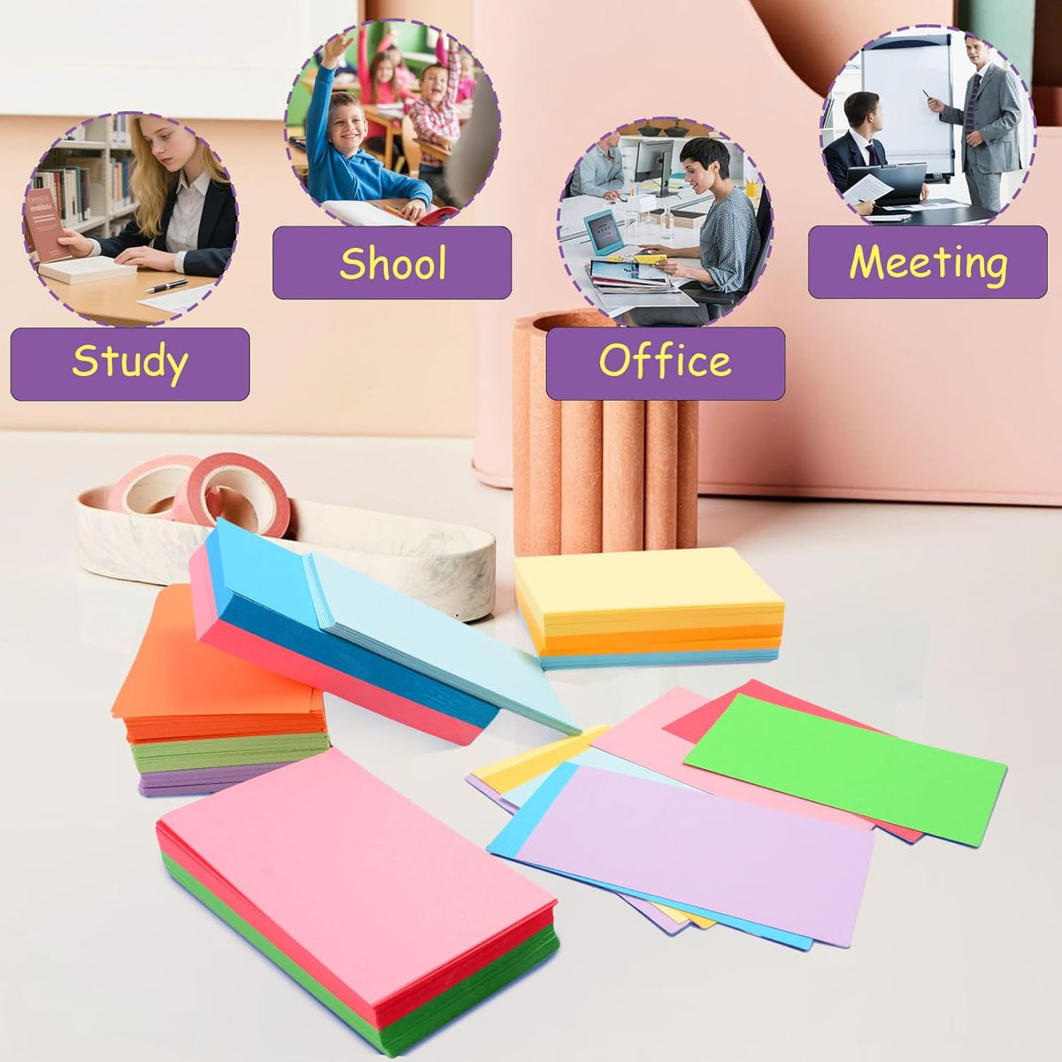 600 Count Colored Blank Index Cards, Unlined Index Cards 3x5，Flash Cards Learning Memo Scratch Pad, Heavy Notecards for Studying School Office Supplies