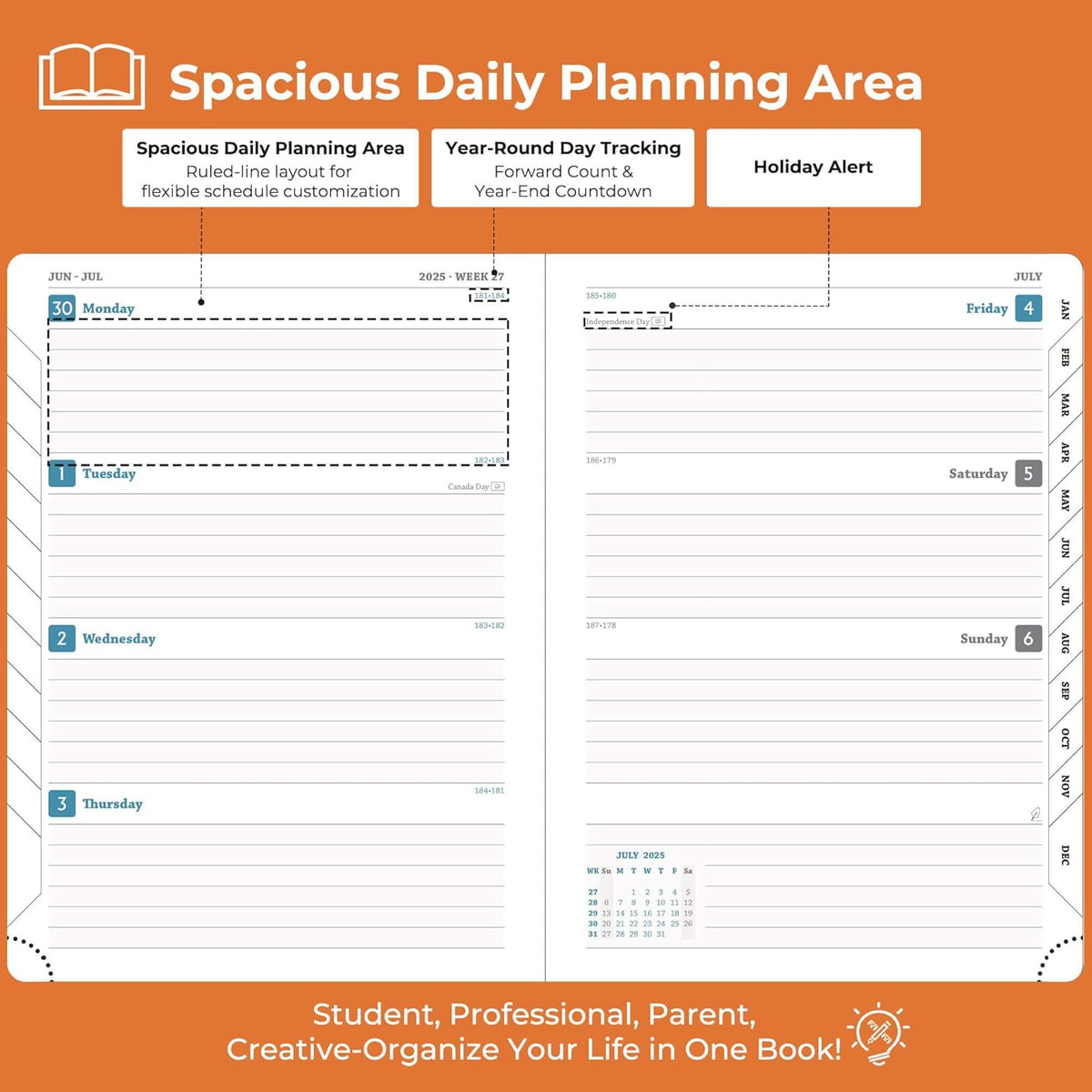 Planner 2025-2026 Daily Weekly and Monthly,11.5"x8.5",18 Months Spiral Bound Calendar Agenda with Self-adhesive Pen Holder,2026 Academic Plan with Vegan Leather Soft Cover,Orange