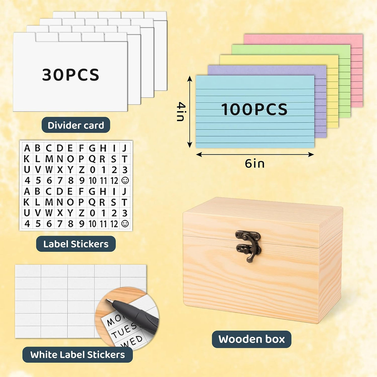 MOBYKE Index Card Holder 4x6, 100 Pcs Heavy-Duty Index Card Business Card Organizer Wooden Recipe Box with Dividers Flash Card Holder with 30 White Dividers, 1 Blank Sticker and 1 Letter Sticker