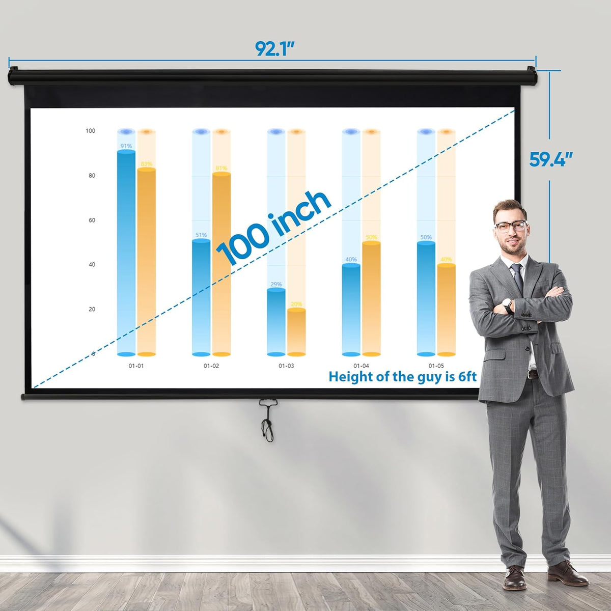 ZENY Outdoor Projector Screen Pull Down 100 Inch 16:9 HD Projection Screen Folding Home Theater Portable Indoor Outdoor Movie Screen