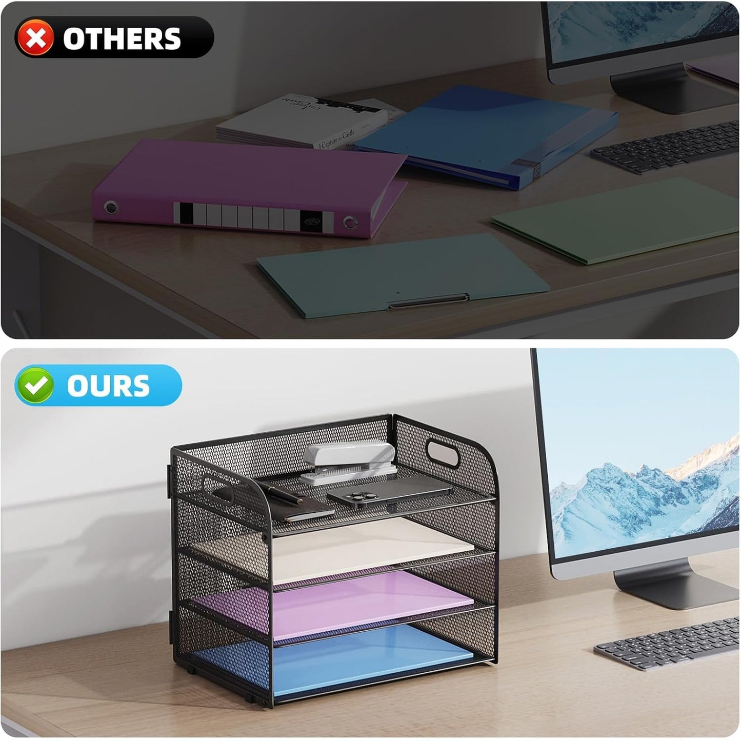 Marbrasse 2 Pack 4 Tier Paper Organizer Letter Tray - Mesh Desk File Organizer with Handle, Paper Sorter Organizer for Letter/A4 Office File Folder Holder (Black, 12.6" x 9.1" x 10.7")