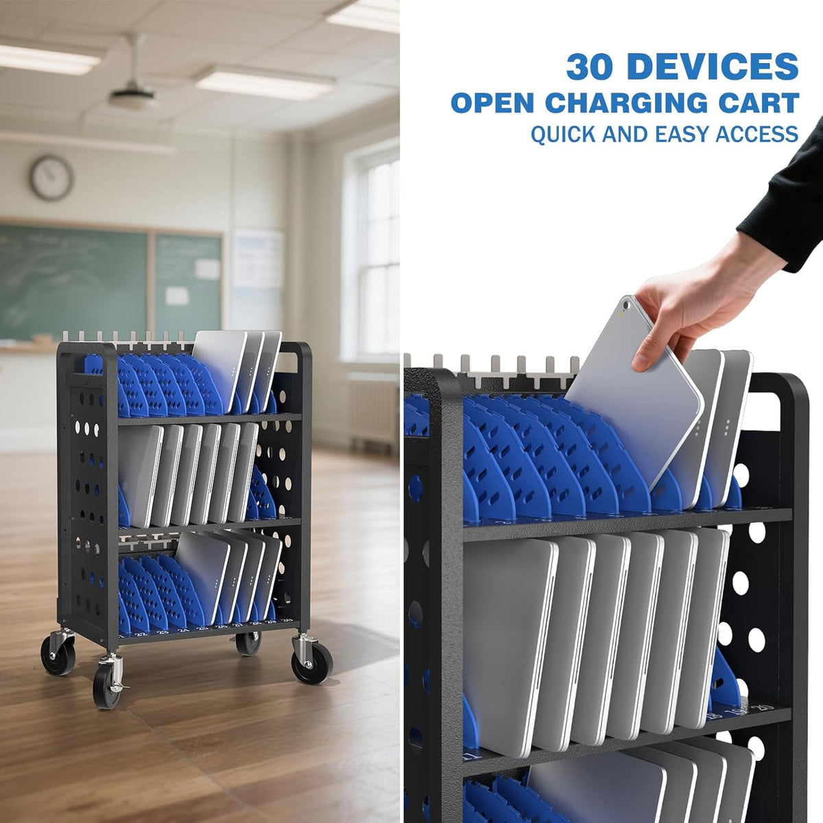 30 Unit Mobile Charging Cart - Open Charging Station Rack for iPad, Chromebooks, Tablets 14inch -  Tablet Organizer Station for Classroom - Laptop Storage Cart with Cable and Charger Organization
