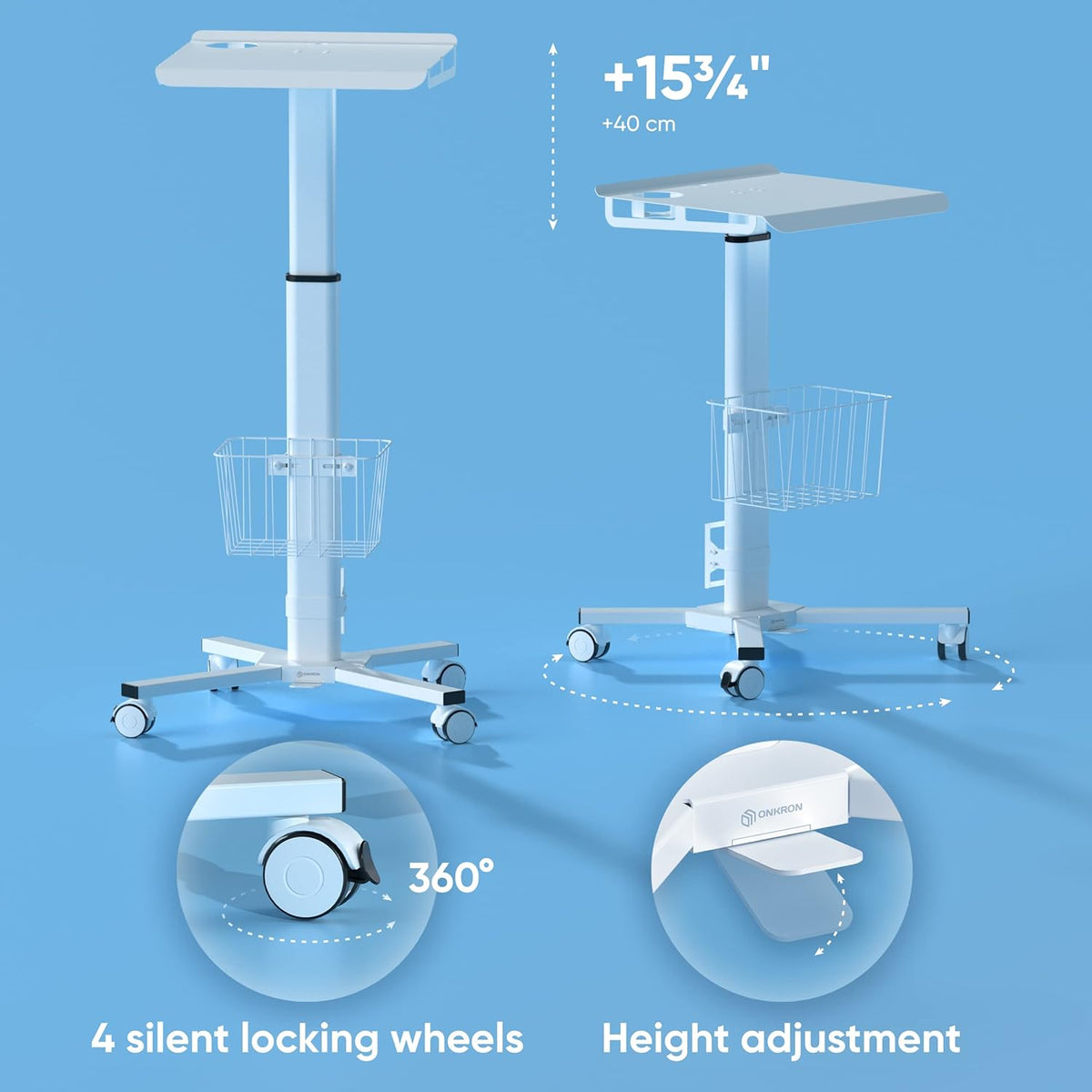 ONKRON Mobile Laptop Cart on Wheels with Load up to 17.6 lbs, Height Adjustable Side Table with Wheels & Storage, Portable Workstation for Laptop/Small Rolling Desk for Couch White