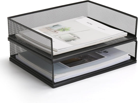 Wire Mesh Letter Trays Paper Tray Desk File Organizer, 2 Pack Stackable Metal Front-Load Documents Tray for Office Supplies File (Transverse)