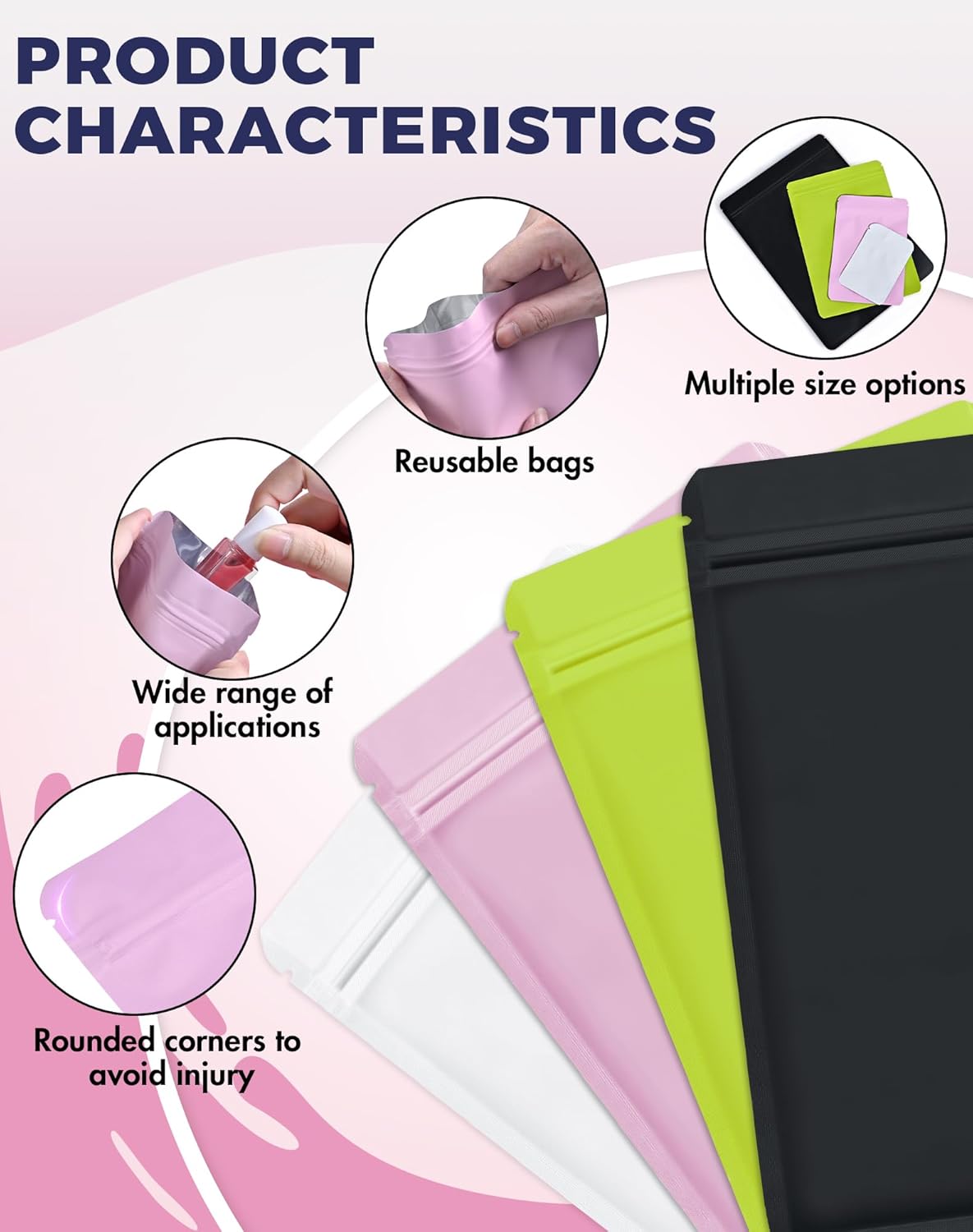 FireKylin 100 Pack Resealable Packaging Bags for Small Business Double-Sided Color Smell Proof Bags for Food Storage Flat Bags (Pink, 5.5" x 7.8")
