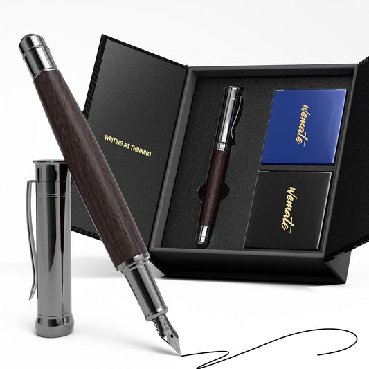 WEMATE Wood Fountain Pen with Ergonomic Grip, Fine Nib, 20 Ink Cartridges(10 Black&10 Blue), 1 Ink Converter, Smooth Writing&No Skips, Office Gift for Men, Professional