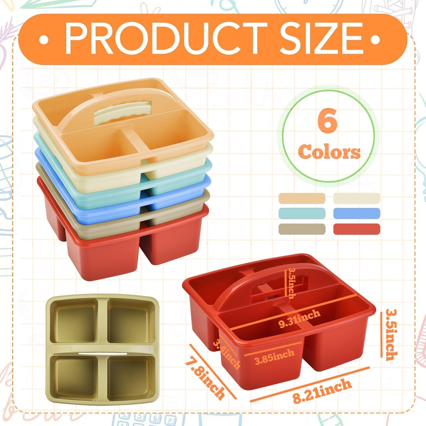 6-Pack Plastic Classroom Caddy Organizer with Handle,Four-Equal-Compartment, Teacher Supply Storage Caddy for Classroom Organization, Table, Desk, Office, Craft Art for Kids-Macaron