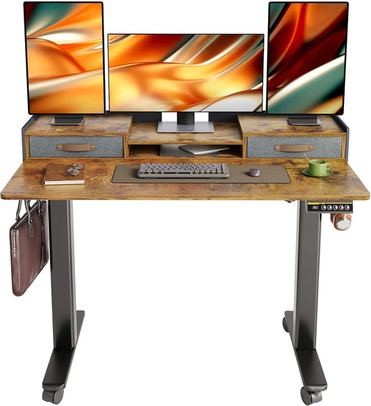 YDN Rustic Brown 2-Tier Adjustable Electric Standing Desk, 48 inch, Modern Design with 2 Drawers, Felt Fence, Hook, for Office