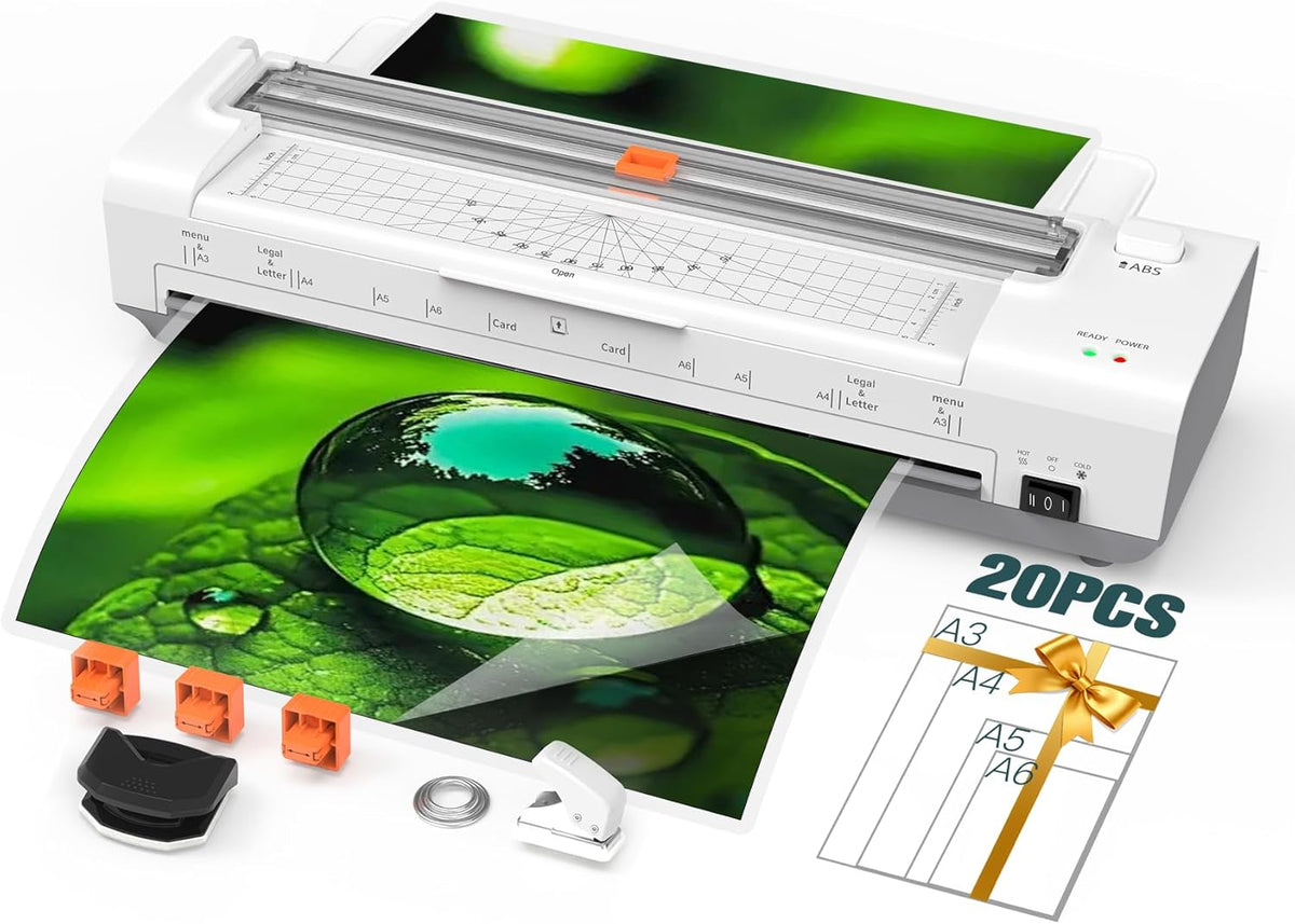 13 Inch Laminator Machine with Auto Paper Feed, Never Jam A3 Thermal & Cold Lamination, 20 Laminating Sheets, 10-in-1 Laminator with Cutter, Trimmer & Corner Rounder for Office School Home Use White