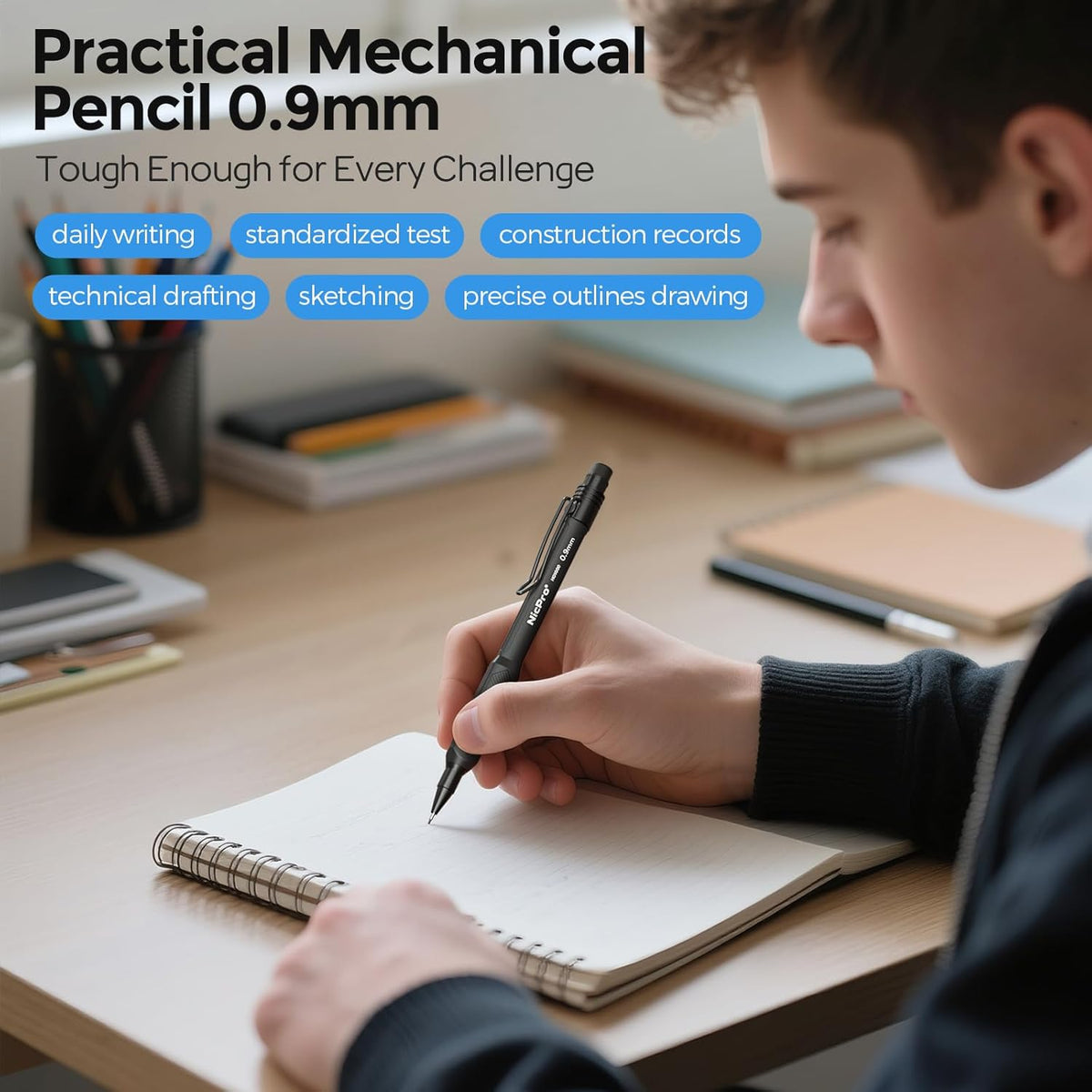Nicpro Art Mechanical Pencil 0.9mm with Case, 3PCS HD1000 Hevey Duty Lead Pencils With 6 Tube HB 0.9 Lead Refill, Eraser, Weatherproof Barrel Pencil Set for Outdoor Writing Drafting Drawing Sketching