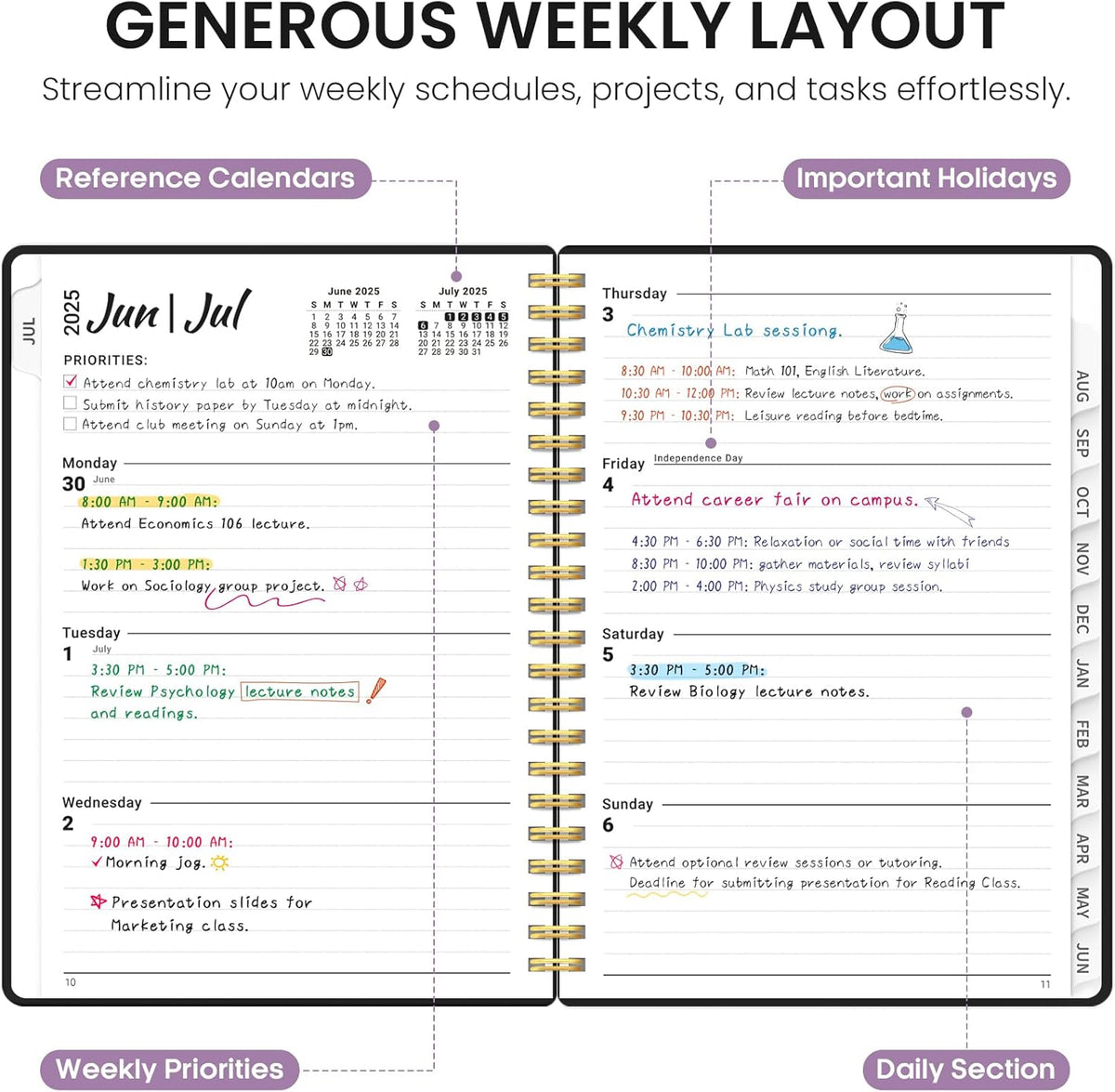 Planner 2025-2026, Academic Year Weekly and Monthly Calendar Planner, July 2025 - June 2026, Spiral Bound School Planning Tool, Perfect for Teacher, Student, Woman & Men - A4 (8.5" x 11"), Purple