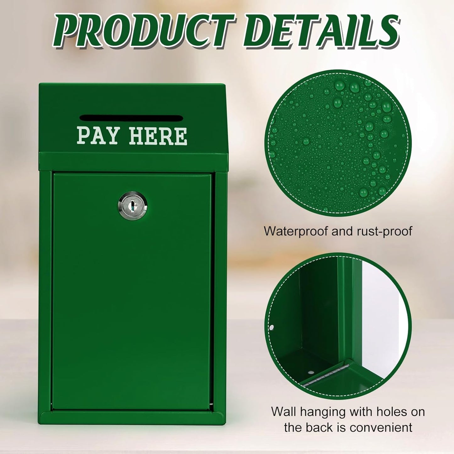Metal Donation Box Collection Safe Suggestion Box with Lock Wall Mounted Mailbox Delivery Ballot Case Key Drop Case for Home Office Outdoor Door (Green, 10.24 x 5.71 x 2.95 Inch)