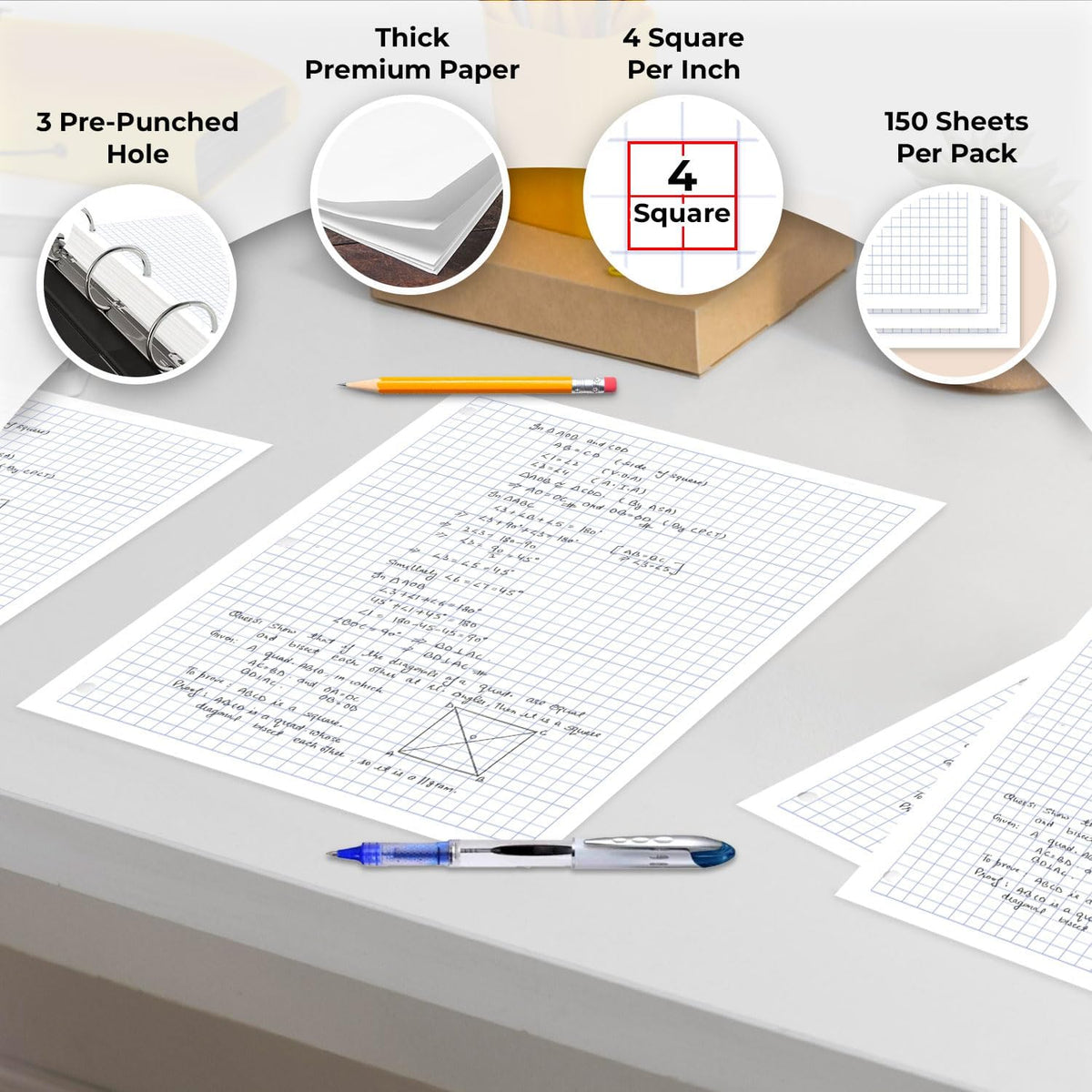 6 Pack Graph Paper, 900 Sheets, 4x4 Loose Leaf Paper, 8" x 10.5", 3 Hole Punched for Binders, Grid Paper, 54 GSM Thick Graphing Paper, Quad Ruled Paper, Notebook Paper for School & College