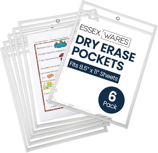 Essex Wares - 6 Pack, White, Dry Erase Pocket Document Protectors, 10" Wide x 13.5" Tall - Dry Erase Clear Plastic Sleeves - Reusable & Easy Erase Plastic Invoice Holders, Water-Resistant & Durable