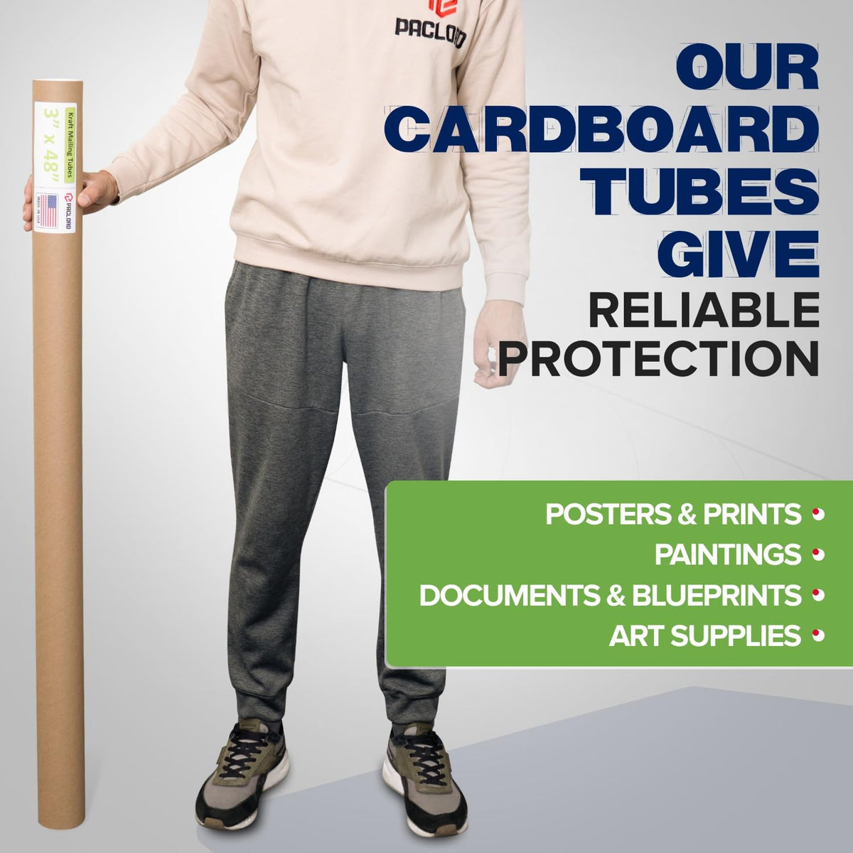 3" x 48" Reinforced Kraft Paper Mailing Tube, Pack of 4 Tubes with 8 Caps – Secure USPS Approved Poster Tube – Cardboard Tube for Shipping and Storing Posters, Prints, Artwork, or Documents