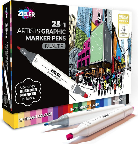 25+1 Artists Graphic Dual-Tip Graphic Marker Pens, 25 Colours+Blender, 1 Set
