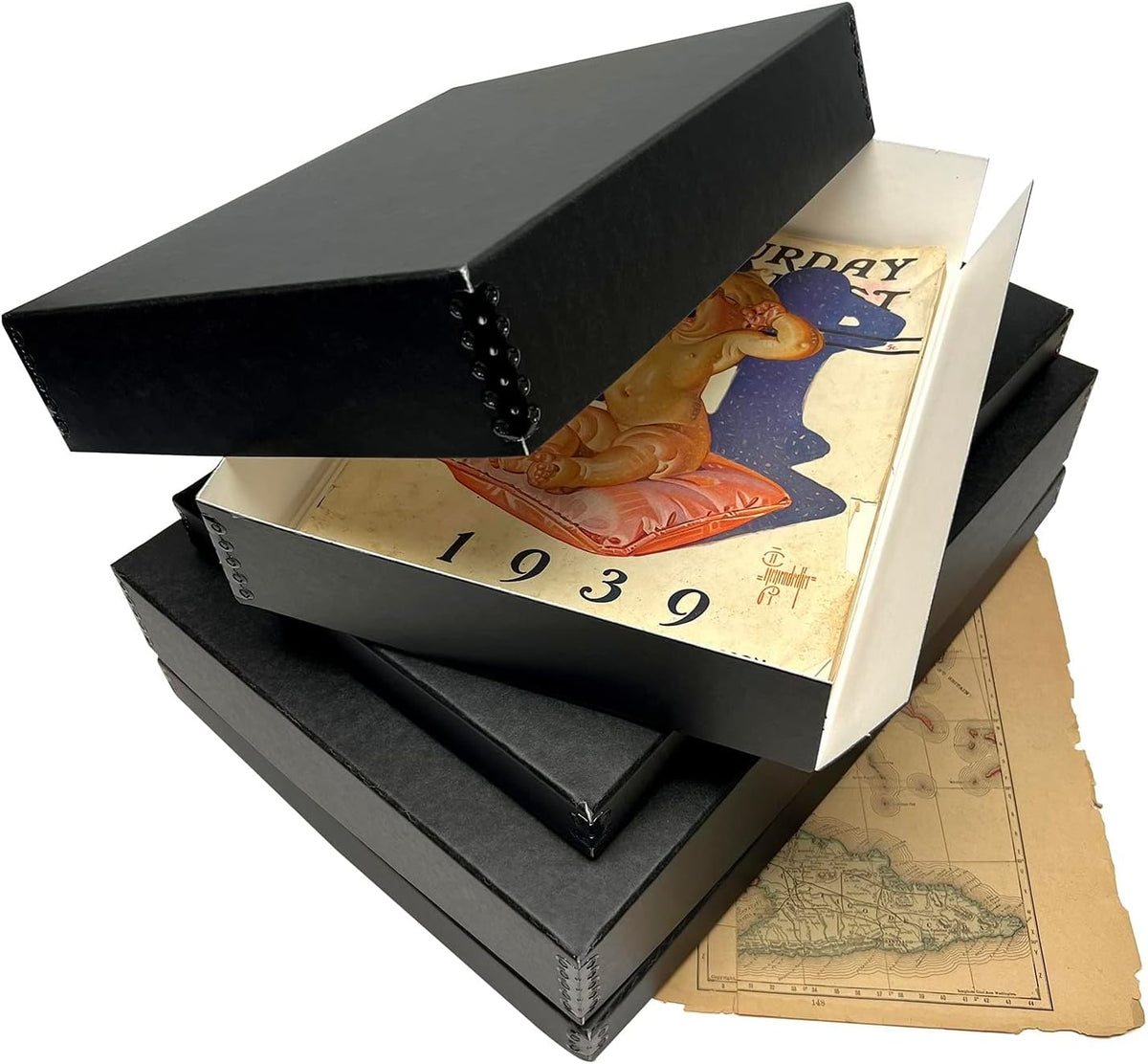 Lineco Museum Archival Drop-Front Storage Box, Acid-Free with Metal Edges, 8.5 X 10.5 X 3 inches, Black (733-2008), Set of 2
