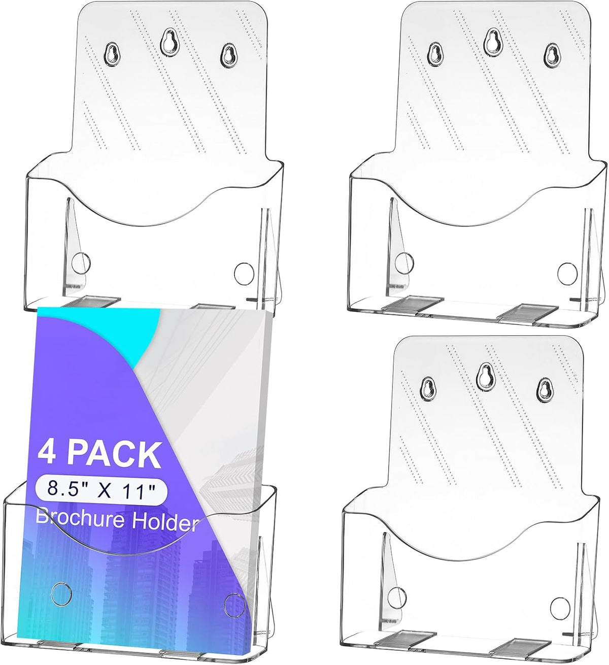 4 Pack Brochure Holder 8.5” x 11”, Acrylic Literature Holder, Plastic Clear Rack Card Display Trifold Brochures Stand Flyer Holder Pamphlet Display Stand, Wall Mount/Countertop