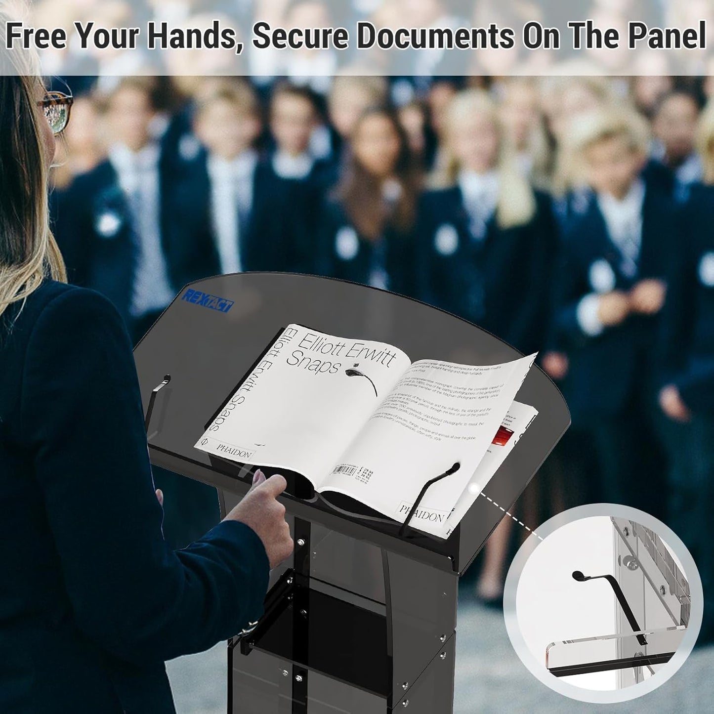Acrylic Podium Stand，49“ Tall Portable Podium with Lockable Wheels, Black lecterns & Podium with Storage Shelf for Classroom, Pulpit Podium for Church,Wedding,Presentation