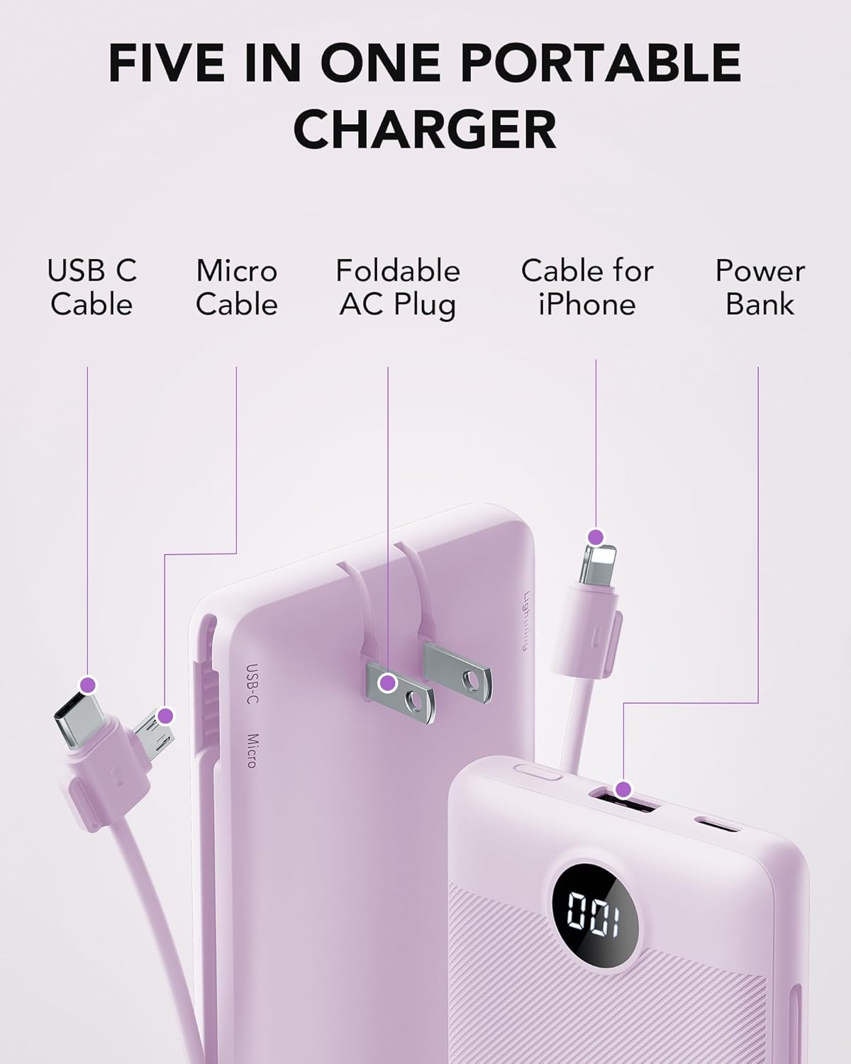VRURC Portable Charger Built-in Cables and AC Wall Plug, USB C Power Bank 10000mAh, Travel Essentials Phone Charger Compact Lightweight External Battery Pack for Smart Phones, Tablets etc-Purple