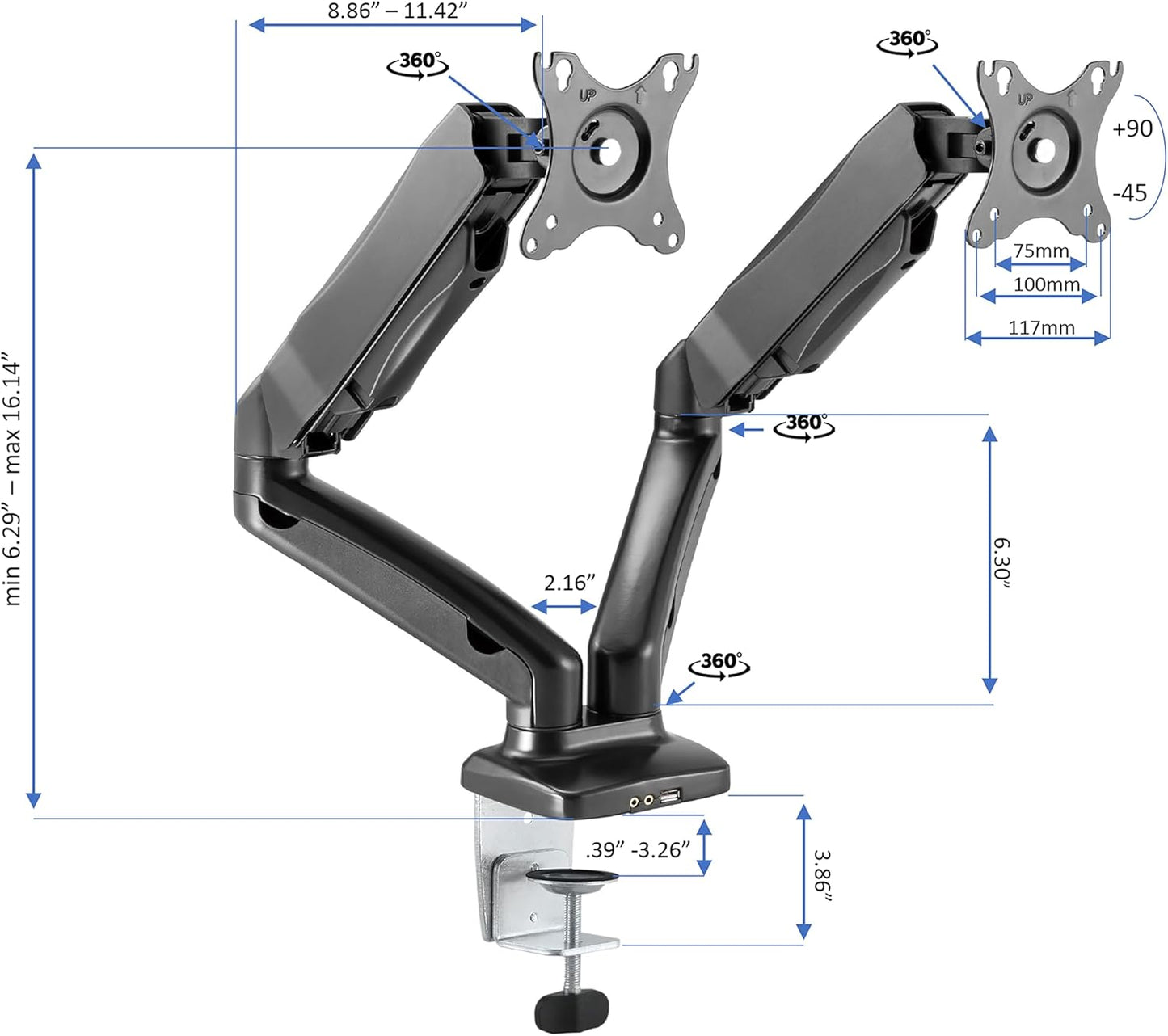 Rocelco 46" Electric Standing Desk Converter with AC Outlet USB Charger and Dual Monitor Arm Mount - Motorized Adjustable Sit Stand Riser - Tabletop Workstation Keyboard Tray - Black (R EDRB-46-MA2)