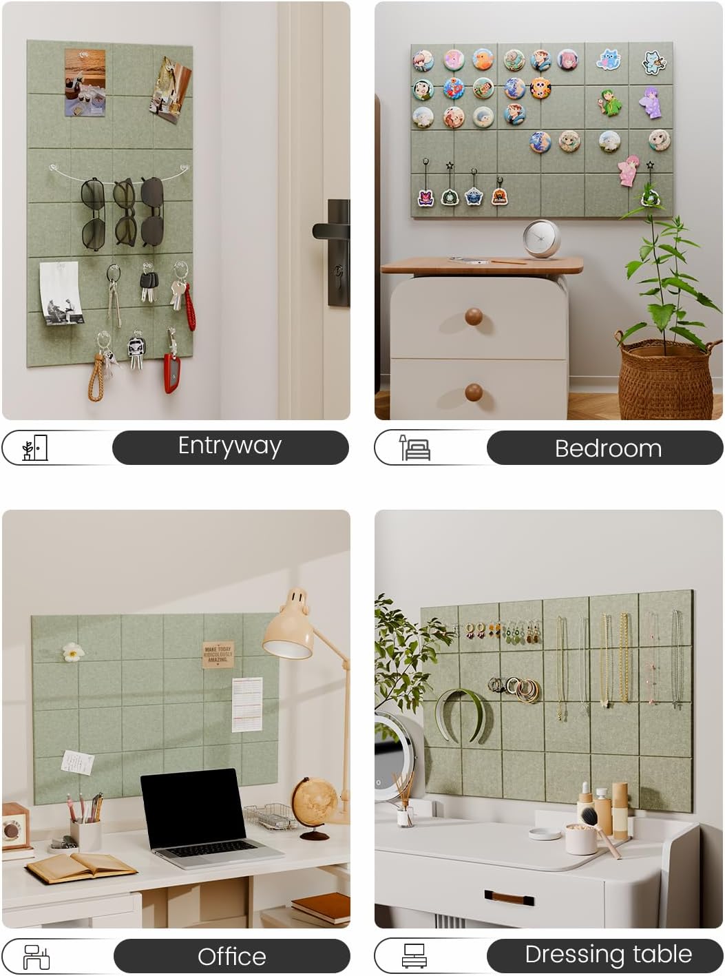 Felt Bulletin Board Tiles -28"x18" Cork Board Alternative for Office Decor, Push Pin Board Wall Organizer 6-Pack - Sage