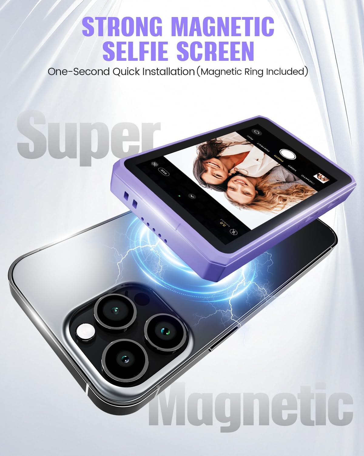 Vlog Selfie Monitor Screen, Magnetic Phone Selfie Screen 4K/1080p 60fps Bluetooth Remote, Back Camera Monitor Built-in Speaker for Vlog Live Stream TikTok (Purple)
